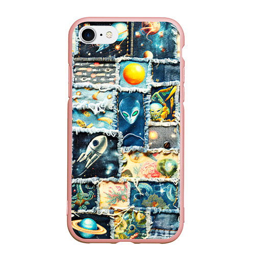 Чехол iPhone 7/8 матовый Космические обитатели - пэчворк / 3D-Светло-розовый – фото 1