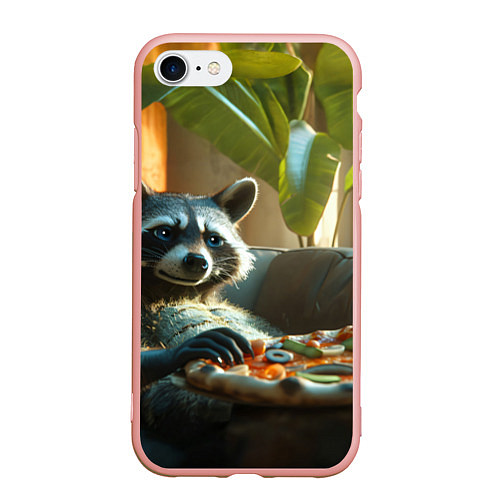 Чехол iPhone 7/8 матовый Енот ест пиццу на диване / 3D-Светло-розовый – фото 1