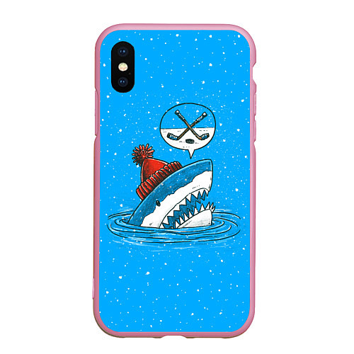 Чехол iPhone XS Max матовый Акула хоккейный фанат / 3D-Розовый – фото 1