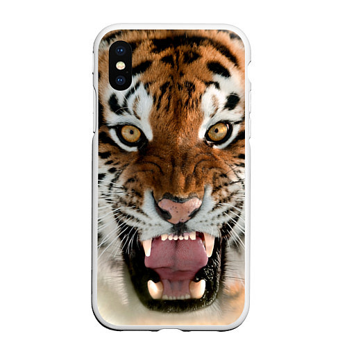 Чехол iPhone XS Max матовый Свирепый тигр / 3D-Белый – фото 1