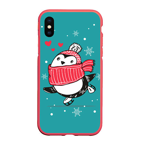 Чехол iPhone XS Max матовый Пингвинчик на коньках / 3D-Красный – фото 1