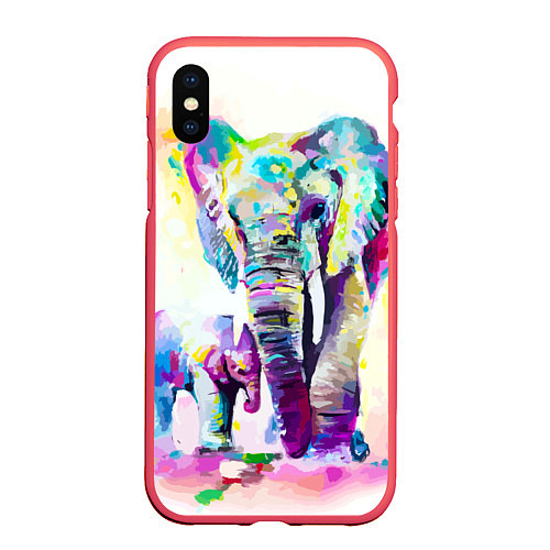 Чехол iPhone XS Max матовый Акварельные слоны / 3D-Красный – фото 1