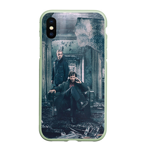 Чехол iPhone XS Max матовый Шерлок и Ватсон / 3D-Салатовый – фото 1