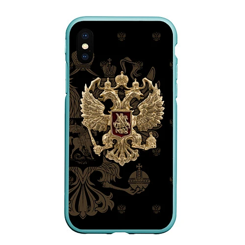 Чехол iPhone XS Max матовый Золотой Герб России / 3D-Мятный – фото 1