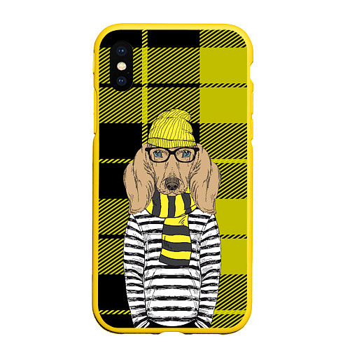 Чехол iPhone XS Max матовый Такса-хипстер / 3D-Желтый – фото 1