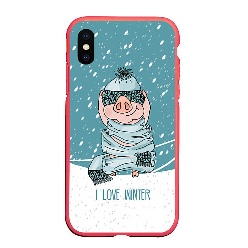 Чехол iPhone XS Max матовый Pig: I love winter / 3D-Красный – фото 1