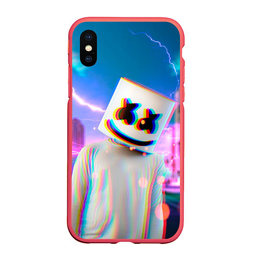 Чехол iPhone XS Max матовый Marshmello: Glitch Effect / 3D-Красный – фото 1