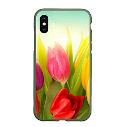 Чехол iPhone XS Max матовый Цветущие тюльпаны, цвет: 3D-темно-зеленый