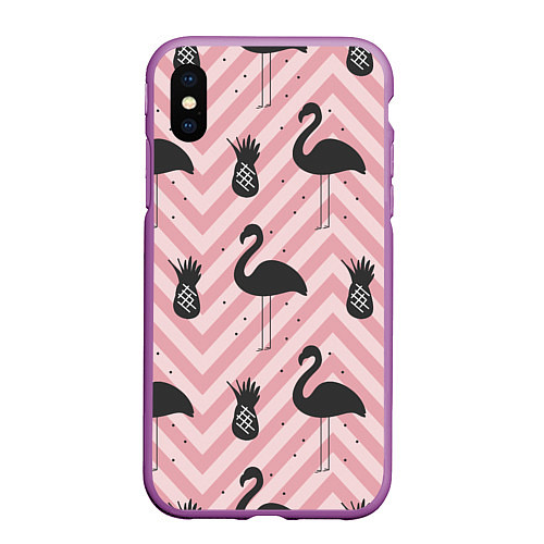 Чехол iPhone XS Max матовый Черный фламинго арт / 3D-Фиолетовый – фото 1
