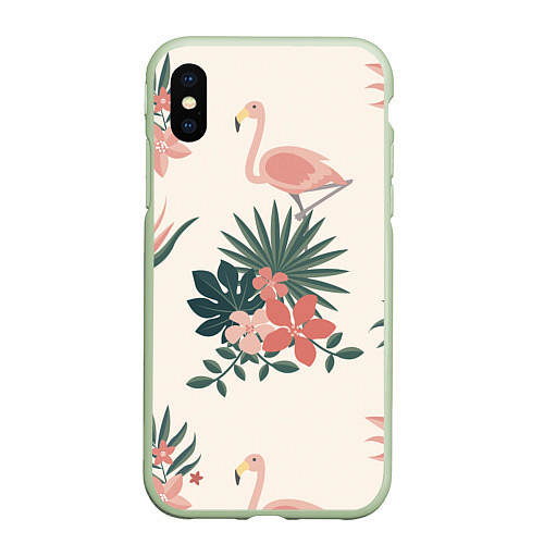 Чехол iPhone XS Max матовый Розовый фламинго и цветы / 3D-Салатовый – фото 1