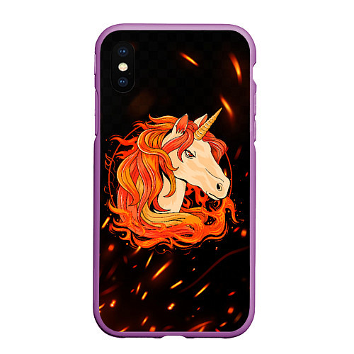Чехол iPhone XS Max матовый Огненный единорог / 3D-Фиолетовый – фото 1