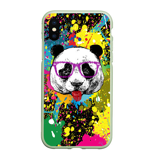 Чехол iPhone XS Max матовый Панда хипстер в брызгах краски / 3D-Салатовый – фото 1