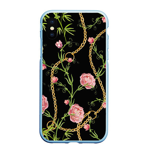 Чехол iPhone XS Max матовый Versace Золотая цепь и розы / 3D-Голубой – фото 1