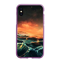 Чехол iPhone XS Max матовый Фэнтези море корабли закат, цвет: 3D-фиолетовый