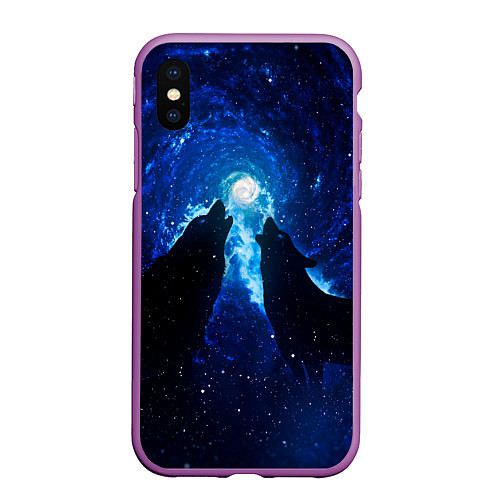 Чехол iPhone XS Max матовый Волки силуэты звездное небо / 3D-Фиолетовый – фото 1