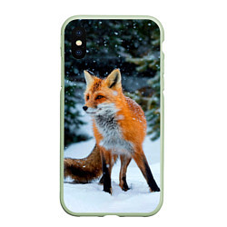 Чехол iPhone XS Max матовый Лиса в зимнем лесу, цвет: 3D-салатовый