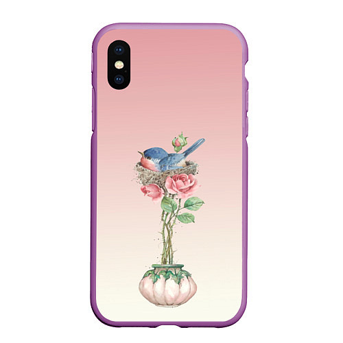 Чехол iPhone XS Max матовый Птичка в гнезде роза / 3D-Фиолетовый – фото 1