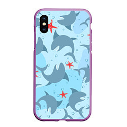 Чехол iPhone XS Max матовый Акулы паттерн, цвет: 3D-фиолетовый