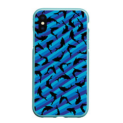 Чехол iPhone XS Max матовый Черные акулы паттерн, цвет: 3D-мятный