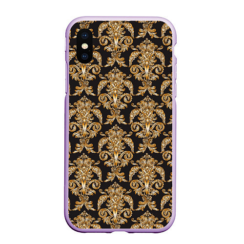 Чехол iPhone XS Max матовый Versace золотые узоры / 3D-Сиреневый – фото 1
