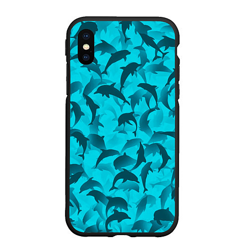 Чехол iPhone XS Max матовый Синий камуфляж с дельфинами / 3D-Черный – фото 1