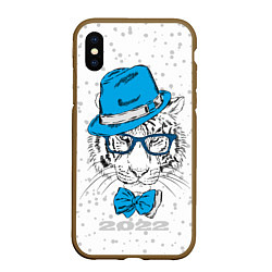 Чехол iPhone XS Max матовый Белый тигр в синей шляпе, цвет: 3D-коричневый