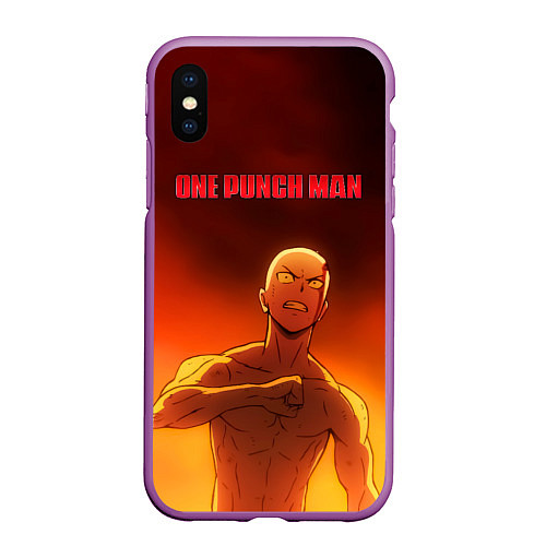 Чехол iPhone XS Max матовый Сайтама в огне One Punch-Man / 3D-Фиолетовый – фото 1