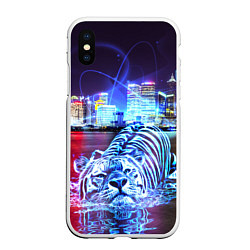 Чехол iPhone XS Max матовый Плывущий неоновый тигр, цвет: 3D-белый