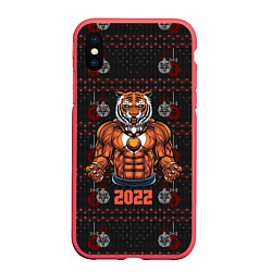 Чехол iPhone XS Max матовый Новогодний качок-тигр, цвет: 3D-красный