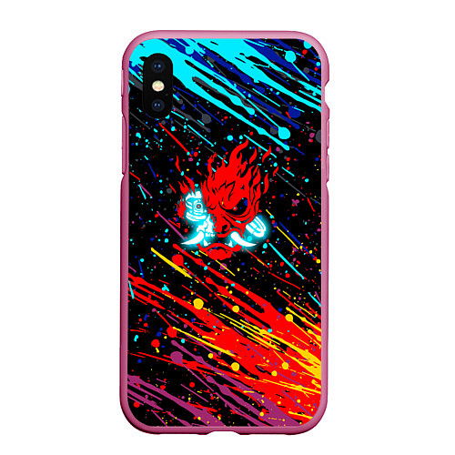 Чехол iPhone XS Max матовый Cyberpunk 2077 Цветные брызги / 3D-Малиновый – фото 1