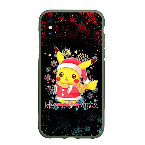 Чехол iPhone XS Max матовый MERRY CHRISTMAS ПИКАЧУ 2022 ПОКЕМОНЫ / 3D-Темно-зеленый – фото 1