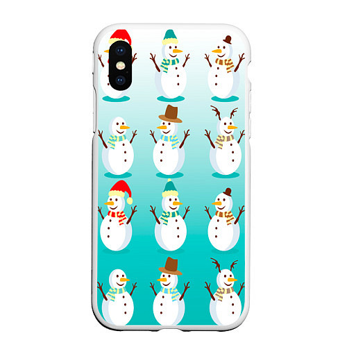 Чехол iPhone XS Max матовый Веселые снеговички узор / 3D-Белый – фото 1
