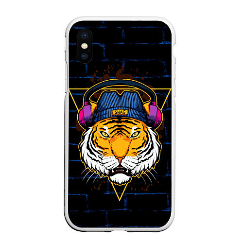 Чехол iPhone XS Max матовый Тигр в наушниках SWAG / 3D-Белый – фото 1