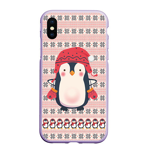 Чехол iPhone XS Max матовый Милый пингвин в шапочке и варежках / 3D-Светло-сиреневый – фото 1