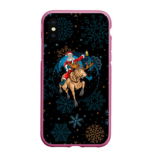 Чехол iPhone XS Max матовый Олень и Santa / 3D-Малиновый – фото 1