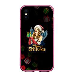 Чехол iPhone XS Max матовый Merry Christmas Снегурочка с подарком, цвет: 3D-малиновый