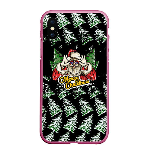 Чехол iPhone XS Max матовый Merry Christmas Santa с Ёлками / 3D-Малиновый – фото 1