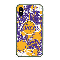 Чехол iPhone XS Max матовый LAKERS ФИРМЕННЫЕ ЦВЕТА БРЫЗГИ КРАСОК LA, цвет: 3D-темно-зеленый