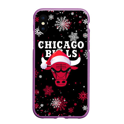 Чехол iPhone XS Max матовый НОВОГОДНИЙ CHICAGO BULLS 2022 СНЕЖИНКИ / 3D-Фиолетовый – фото 1