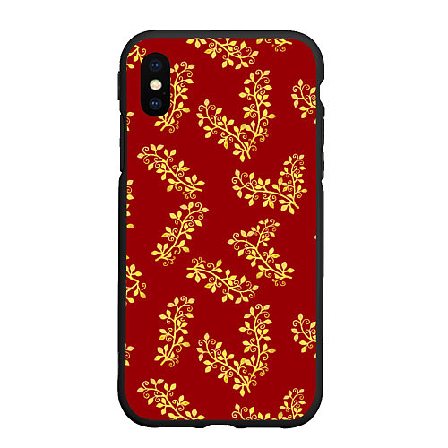 Чехол iPhone XS Max матовый Золотые веточки на ярко красном фоне / 3D-Черный – фото 1