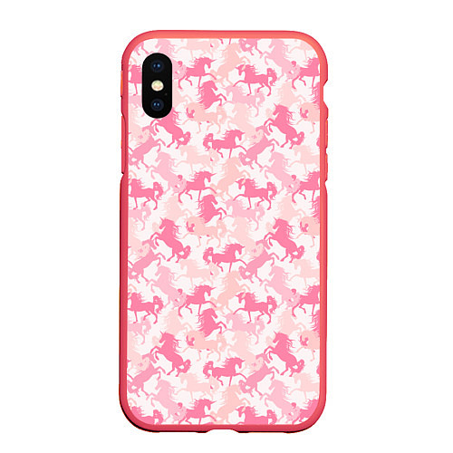 Чехол iPhone XS Max матовый Розовые Единороги / 3D-Красный – фото 1