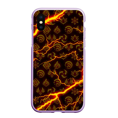 Чехол iPhone XS Max матовый ОГНЕННЫЕ МОЛНИИ ГЕНШИН ИМПАКТ ОГОНЬ / 3D-Сиреневый – фото 1