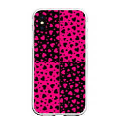 Чехол iPhone XS Max матовый Черно-Розовые сердца, цвет: 3D-белый