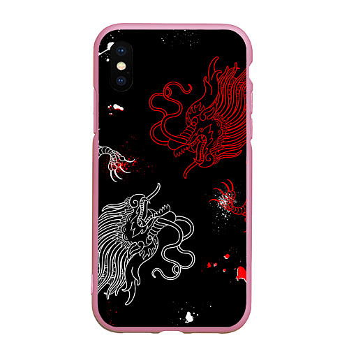 Чехол iPhone XS Max матовый Китайский дракон Красно - Белый / 3D-Розовый – фото 1