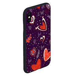 Чехол iPhone XS Max матовый Красно-белые сердечки и слово love на темно фиолет, цвет: 3D-черный — фото 2
