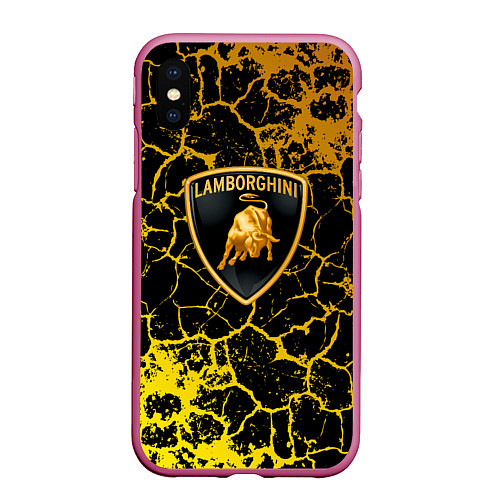 Чехол iPhone XS Max матовый Lamborghini золотые трещины / 3D-Малиновый – фото 1