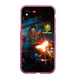 Чехол iPhone XS Max матовый Cyberpunk 2077 Night city, цвет: 3D-малиновый