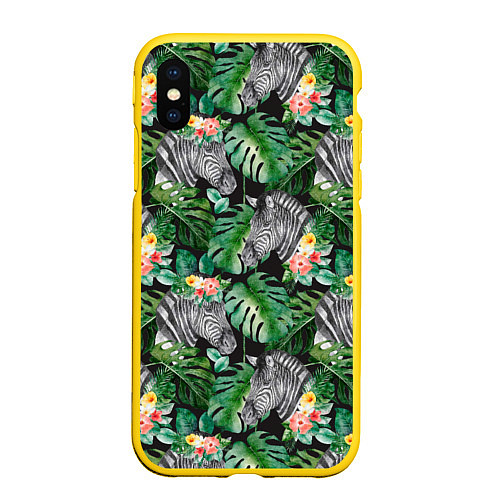 Чехол iPhone XS Max матовый Зебра и листья / 3D-Желтый – фото 1