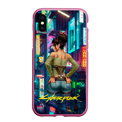 Чехол iPhone XS Max матовый Панам вид сзади Cyberpunk2077, цвет: 3D-малиновый