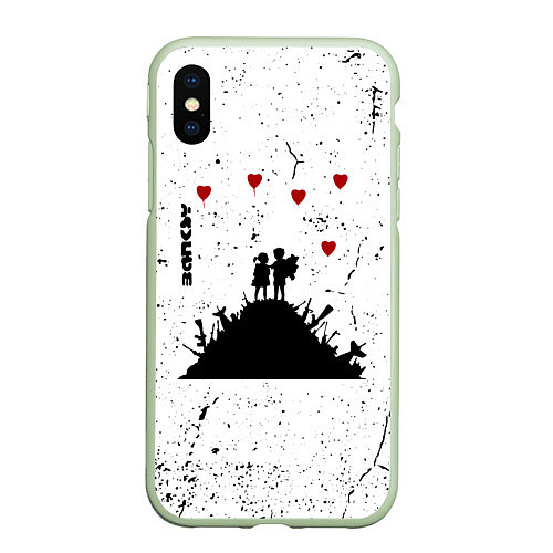 Чехол iPhone XS Max матовый Banksy мальчик и девочка на горе оружия / 3D-Салатовый – фото 1